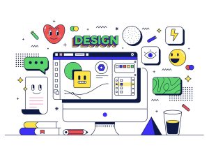 Graphic design concept. Table with computer and related icons. Flat line 90s cartoon style. Vector illustration